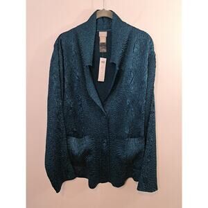 Chico's Women's New! Teal Long Sleeve Crinkle Open Front Metallic Blazer XL (3)